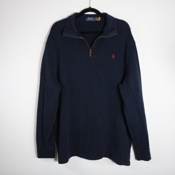 Polo Ralph Lauren Men Navy Quarter Zip Pullover XXL Red Pony Logo Cotton Classic - Picture 1 of 5